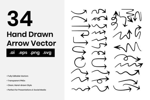 34 Hand Drawn Arrows Doodle Vector for Graphics and Icons