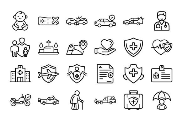 Outline Icon Set of Insurance Vector, S for Graphics & Illustrations