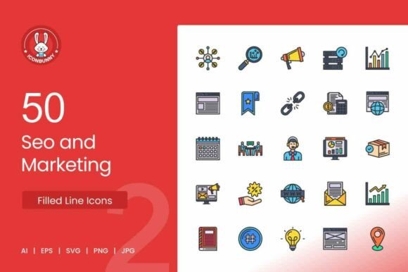 SEO Marketing Filled Line Icons: Premium Graphics for Digital Sellers