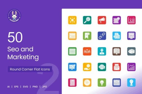 SEO Marketing Round Corner Flat Icons for Graphics and Icons